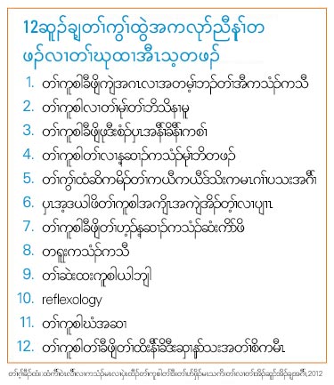 ဆူၣ်ချ့တၢ်ကွၢ်ထွဲညီနုၢ်အမံၤ 12 = လၢတၢ်ဃုထၢအီၤသ့တဖၣ်န့ၣ်အါတက့ၢ်ပာ်ဃုာ်ဝဲဒီး: တၢ်ကူစါခီဖျိကျဲအဂၤလၢအတမ့ၢ်ဘၣ်တၢ်အီကသံၣ်ကသီ, တၢ်ကူစါလၢတၢ်နၢ်မူ, တၢ်ကူစါခီဖျိဖုဒီးစံၣ်ပှၤအနီၢ်ခိနီၢ်ကစၢ်, တၢ်ကူစါတၢ်လၢန့ဆၢၣ်ကသံၣ်မုၢ်ဘိတဖၣ်, တၢ်ကွၢ်ထံဆိကမိၣ်တၢ်ကယီကယီဒ်သိးကမၤဂၢၢ်ပသးအဂီၢ်, ပှၤအ့ဒယါဖိတၢ်ကူစါအကျိၤအကျဲအိၣ်တ့ၢ်လၢပျၢၤ, တၢ်ကူစါခီဖျိတၢ်ဟ့ၣ်န့ဆၢၣ်ကသံၣ်ဆံးကိာ်ဖိ, တရူးကသံၣ်ကသီ, တၢ်ဆဲးထးကူစါယါဘျါ, reflexology, တၢ်ကူစါဃံအဆၢ ဒီး တၢ်ကူစါတၢ်ခီဖျိတၢ်ထိးနီၢ်ခိဒီးဆှၢနုာ်သးအတၢ်စိကမီၤသ့ၣ်တဖၣ်န့ၣ်လီၤ.